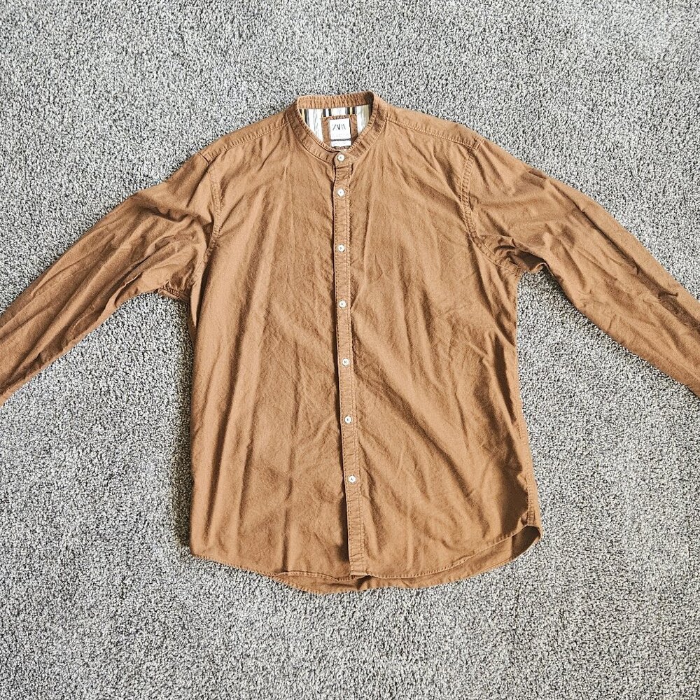 Zara Men's Collarless Button-Up Shirt Brown